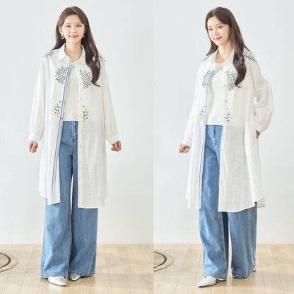 【L-LL】エレガントエンブロイダリードレスシャツ 刺繍 ロング丈 綿100% 羽織り 体型カバー TRUBE