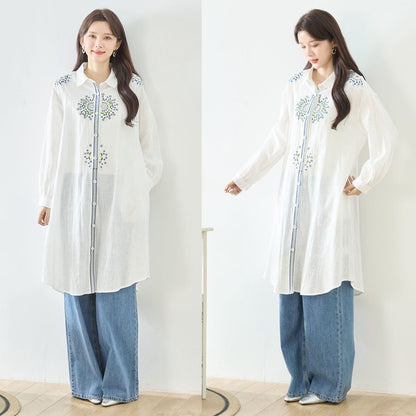 【L-LL】エレガントエンブロイダリードレスシャツ 刺繍 ロング丈 綿100% 羽織り 体型カバー TRUBE