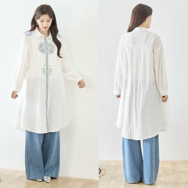 【L-LL】エレガントエンブロイダリードレスシャツ 刺繍 ロング丈 綿100% 羽織り 体型カバー TRUBE