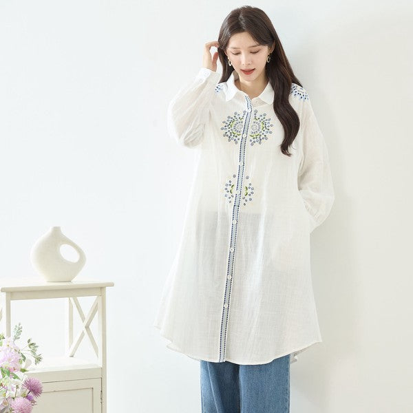 【L-LL】エレガントエンブロイダリードレスシャツ 刺繍 ロング丈 綿100% 羽織り 体型カバー TRUBE
