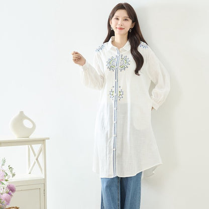 【L-LL】エレガントエンブロイダリードレスシャツ 刺繍 ロング丈 綿100% 羽織り 体型カバー TRUBE