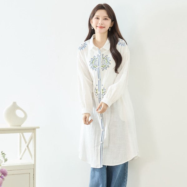 【L-LL】エレガントエンブロイダリードレスシャツ 刺繍 ロング丈 綿100% 羽織り 体型カバー TRUBE