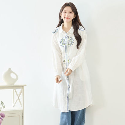 【L-LL】エレガントエンブロイダリードレスシャツ 刺繍 ロング丈 綿100% 羽織り 体型カバー TRUBE