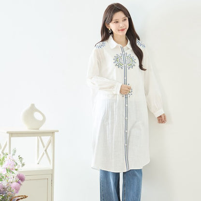 【L-LL】エレガントエンブロイダリードレスシャツ 刺繍 ロング丈 綿100% 羽織り 体型カバー TRUBE
