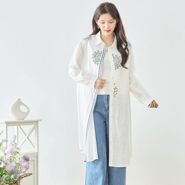【L-LL】エレガントエンブロイダリードレスシャツ 刺繍 ロング丈 綿100% 羽織り 体型カバー TRUBE