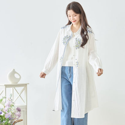 【L-LL】エレガントエンブロイダリードレスシャツ 刺繍 ロング丈 綿100% 羽織り 体型カバー TRUBE