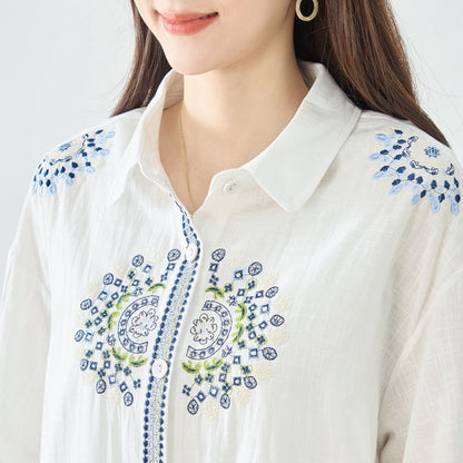 【L-LL】エレガントエンブロイダリードレスシャツ 刺繍 ロング丈 綿100% 羽織り 体型カバー TRUBE