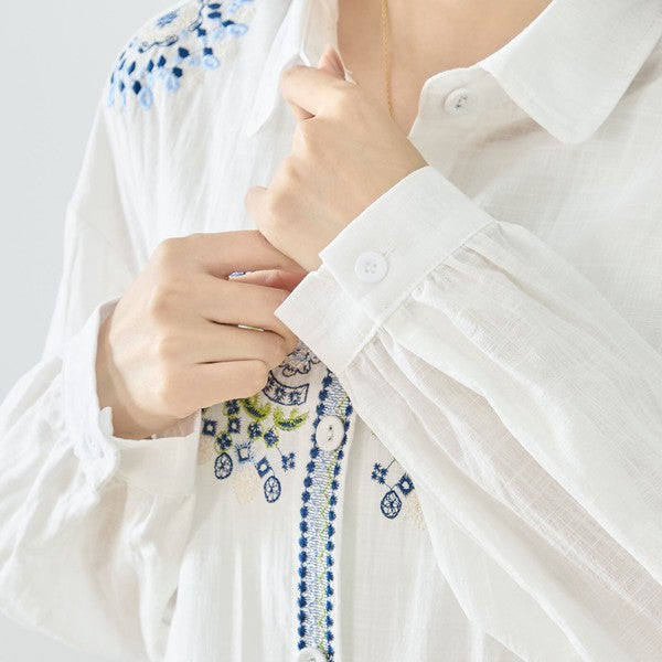 【L-LL】エレガントエンブロイダリードレスシャツ 刺繍 ロング丈 綿100% 羽織り 体型カバー TRUBE