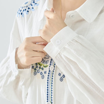 【L-LL】エレガントエンブロイダリードレスシャツ 刺繍 ロング丈 綿100% 羽織り 体型カバー TRUBE