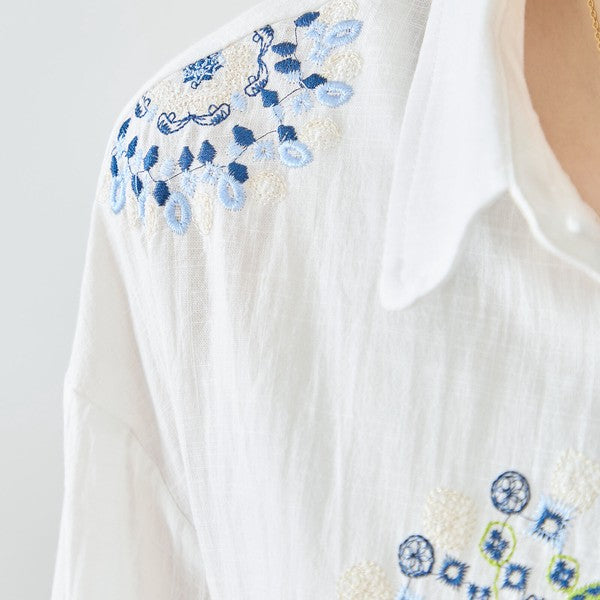 【L-LL】エレガントエンブロイダリードレスシャツ 刺繍 ロング丈 綿100% 羽織り 体型カバー TRUBE