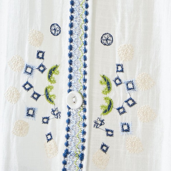 【L-LL】エレガントエンブロイダリードレスシャツ 刺繍 ロング丈 綿100% 羽織り 体型カバー TRUBE