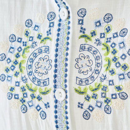 【L-LL】エレガントエンブロイダリードレスシャツ 刺繍 ロング丈 綿100% 羽織り 体型カバー TRUBE