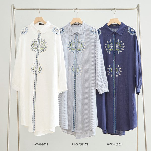 【L-LL】エレガントエンブロイダリードレスシャツ 刺繍 ロング丈 綿100% 羽織り 体型カバー TRUBE