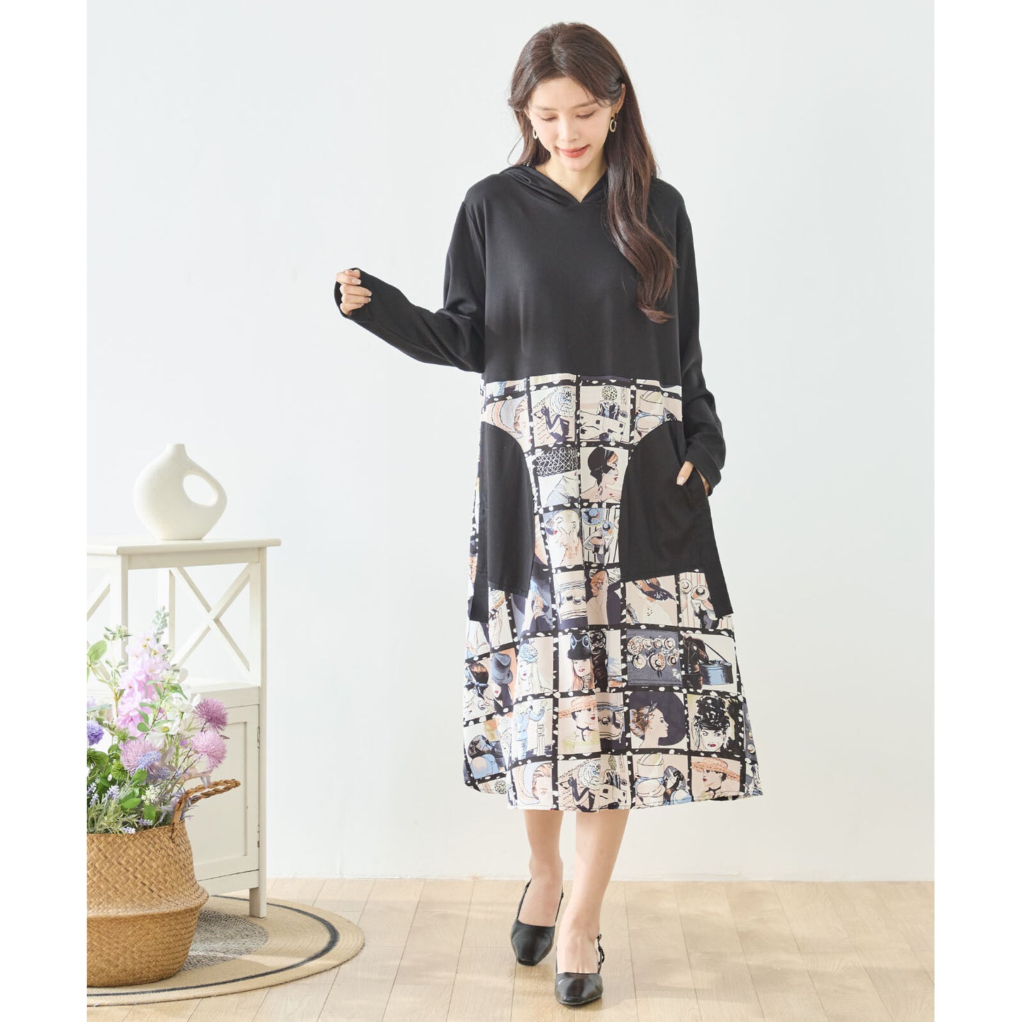 アートパネル切替 フーディワンピース 長袖 異素材 ドッキング ロング丈 ゆったり