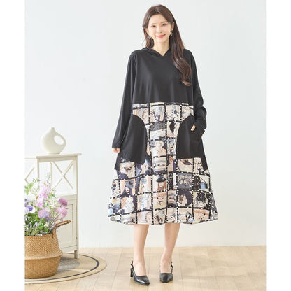 アートパネル切替 フーディワンピース 長袖 異素材 ドッキング ロング丈 ゆったり