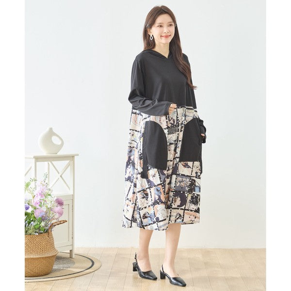 アートパネル切替 フーディワンピース 長袖 異素材 ドッキング ロング丈 ゆったり