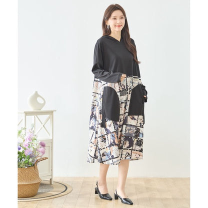 アートパネル切替 フーディワンピース 長袖 異素材 ドッキング ロング丈 ゆったり