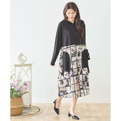 アートパネル切替 フーディワンピース 長袖 異素材 ドッキング ロング丈 ゆったり