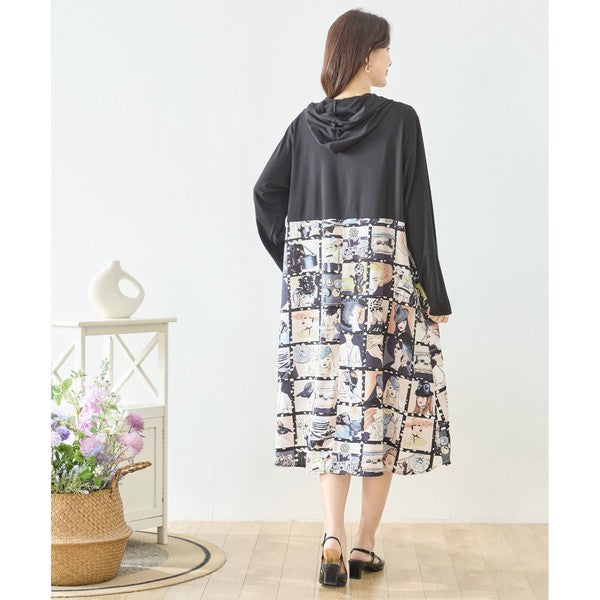 アートパネル切替 フーディワンピース 長袖 異素材 ドッキング ロング丈 ゆったり