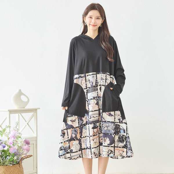 アートパネル切替 フーディワンピース 長袖 異素材 ドッキング ロング丈 ゆったり