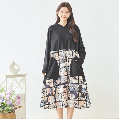 アートパネル切替 フーディワンピース 長袖 異素材 ドッキング ロング丈 ゆったり