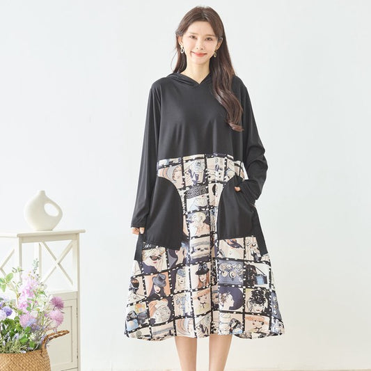 アートパネル切替 フーディワンピース 長袖 異素材 ドッキング ロング丈 ゆったり