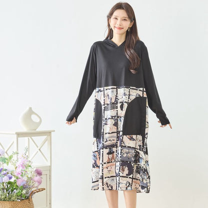 アートパネル切替 フーディワンピース 長袖 異素材 ドッキング ロング丈 ゆったり