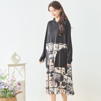 アートパネル切替 フーディワンピース 長袖 異素材 ドッキング ロング丈 ゆったり