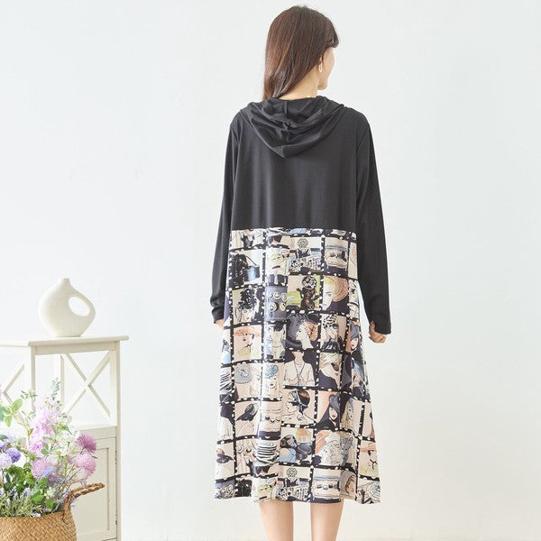 アートパネル切替 フーディワンピース 長袖 異素材 ドッキング ロング丈 ゆったり