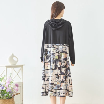 アートパネル切替 フーディワンピース 長袖 異素材 ドッキング ロング丈 ゆったり