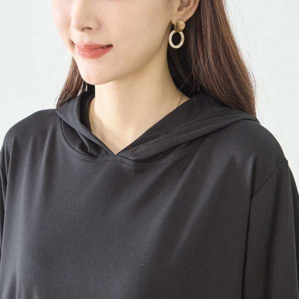 アートパネル切替 フーディワンピース 長袖 異素材 ドッキング ロング丈 ゆったり