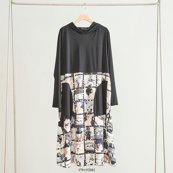 アートパネル切替 フーディワンピース 長袖 異素材 ドッキング ロング丈 ゆったり