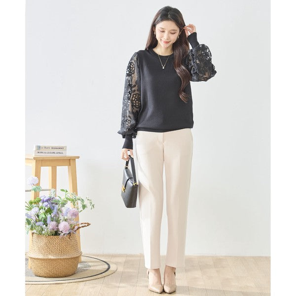 【M-L】袖レースニットトップス 花柄刺繍 異素材ドッキング ぽわん袖 春 TRUBE N12-1023