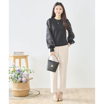 【M-L】袖レースニットトップス 花柄刺繍 異素材ドッキング ぽわん袖 春 TRUBE N12-1023