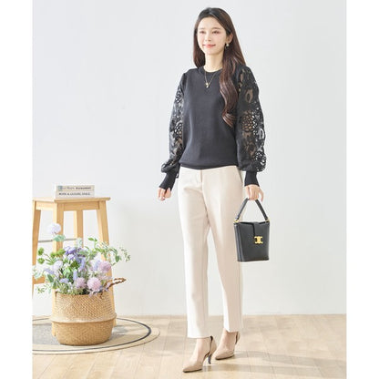 【M-L】袖レースニットトップス 花柄刺繍 異素材ドッキング ぽわん袖 春 TRUBE N12-1023