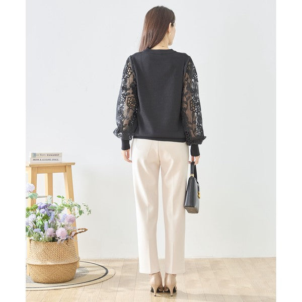 【M-L】袖レースニットトップス 花柄刺繍 異素材ドッキング ぽわん袖 春 TRUBE N12-1023