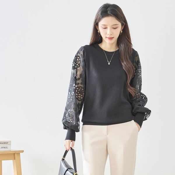 【M-L】袖レースニットトップス 花柄刺繍 異素材ドッキング ぽわん袖 春 TRUBE N12-1023