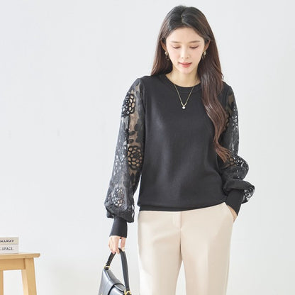 【M-L】袖レースニットトップス 花柄刺繍 異素材ドッキング ぽわん袖 春 TRUBE N12-1023