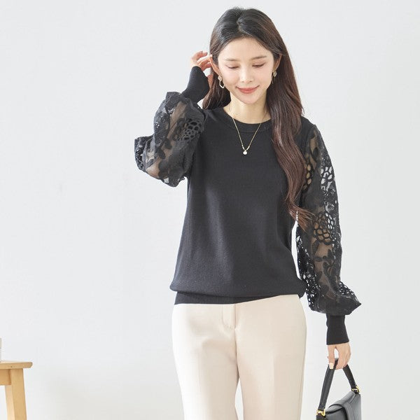 【M-L】袖レースニットトップス 花柄刺繍 異素材ドッキング ぽわん袖 春 TRUBE N12-1023