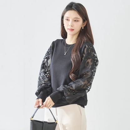 【M-L】袖レースニットトップス 花柄刺繍 異素材ドッキング ぽわん袖 春 TRUBE N12-1023