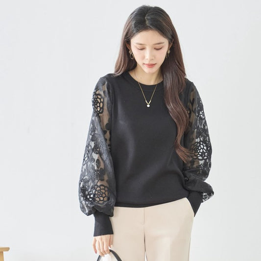 【M-L】袖レースニットトップス 花柄刺繍 異素材ドッキング ぽわん袖 春 TRUBE N12-1023