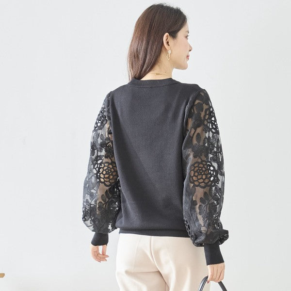 【M-L】袖レースニットトップス 花柄刺繍 異素材ドッキング ぽわん袖 春 TRUBE N12-1023
