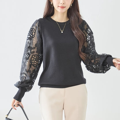 【M-L】袖レースニットトップス 花柄刺繍 異素材ドッキング ぽわん袖 春 TRUBE N12-1023