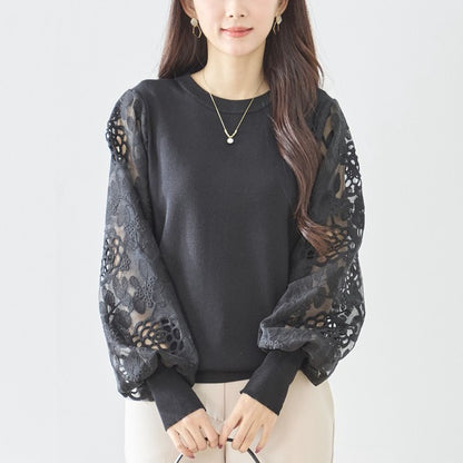 【M-L】袖レースニットトップス 花柄刺繍 異素材ドッキング ぽわん袖 春 TRUBE N12-1023