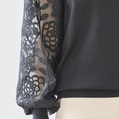 【M-L】袖レースニットトップス 花柄刺繍 異素材ドッキング ぽわん袖 春 TRUBE N12-1023