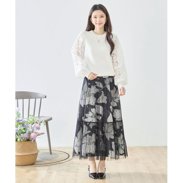 【M-L】袖レースニットトップス 花柄刺繍 異素材ドッキング ぽわん袖 春 TRUBE N12-1023