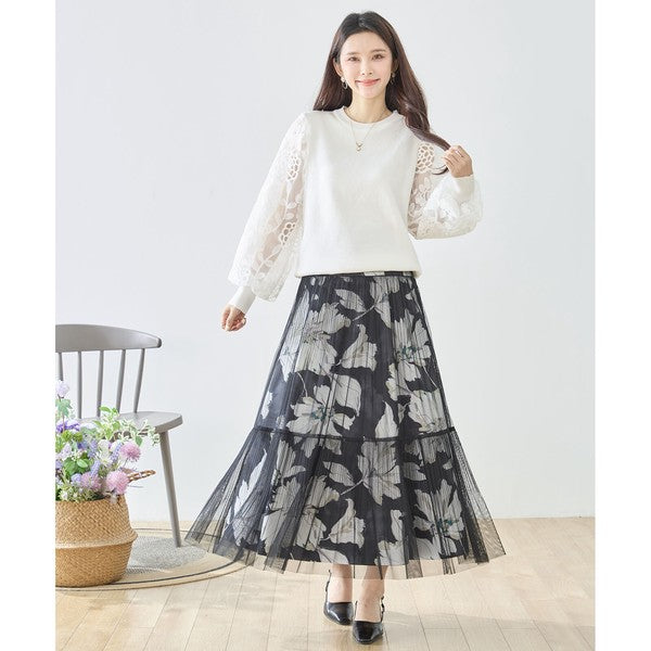 【M-L】袖レースニットトップス 花柄刺繍 異素材ドッキング ぽわん袖 春 TRUBE N12-1023