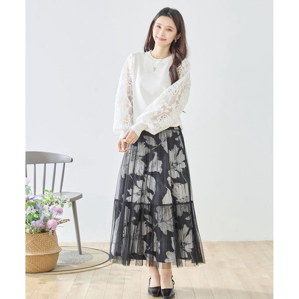 【M-L】袖レースニットトップス 花柄刺繍 異素材ドッキング ぽわん袖 春 TRUBE N12-1023