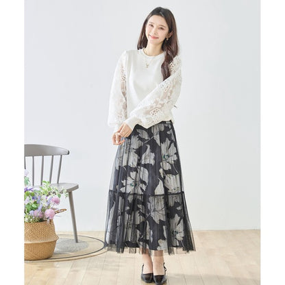 【M-L】袖レースニットトップス 花柄刺繍 異素材ドッキング ぽわん袖 春 TRUBE N12-1023