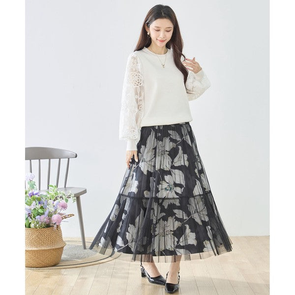 【M-L】袖レースニットトップス 花柄刺繍 異素材ドッキング ぽわん袖 春 TRUBE N12-1023